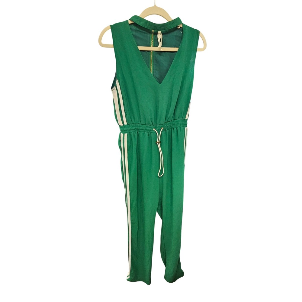 Elli White Green Sleeveless Jumpsuit White Side Stripe Elastic Waist Large